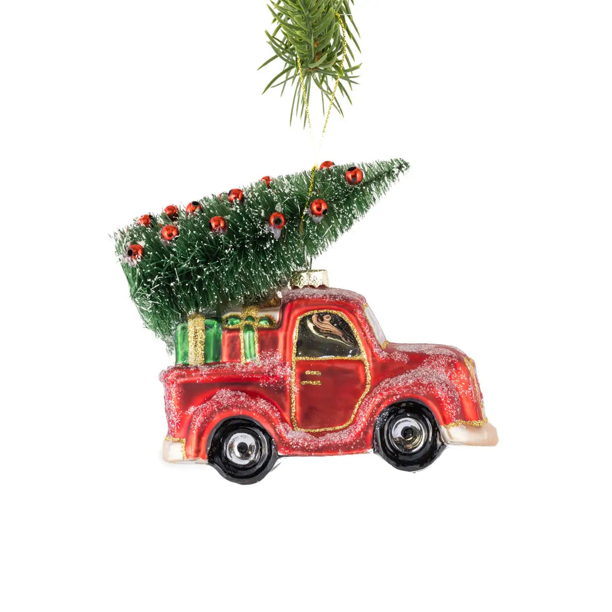Red Pick-Up Truck Ornament Hauling Bottlebrush Tree