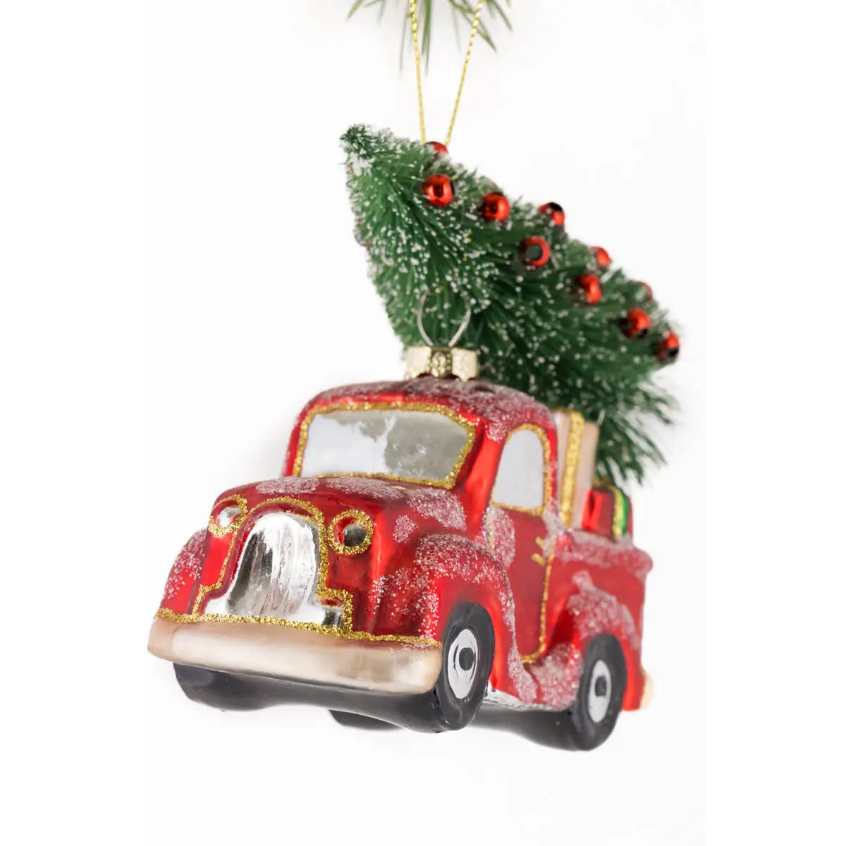 Red Pick-Up Truck Ornament Hauling Bottlebrush Tree