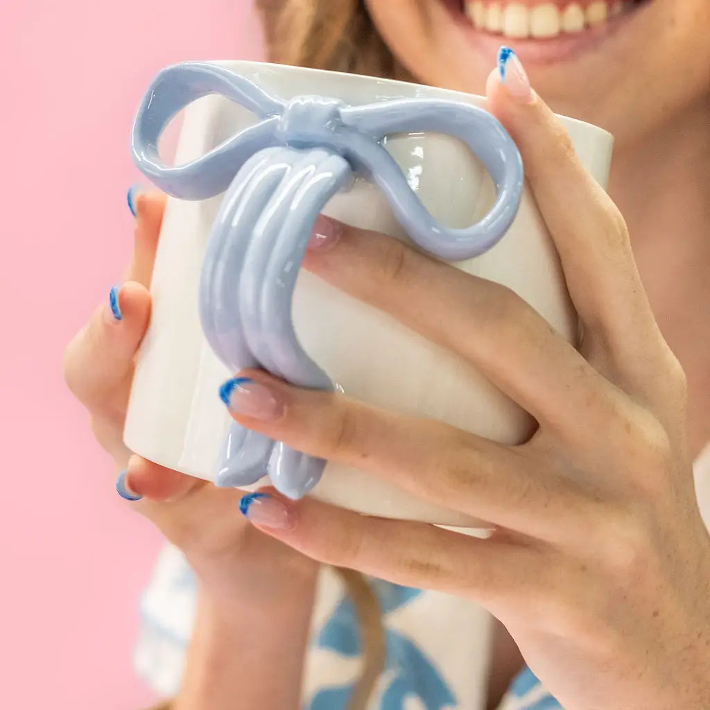 Powder Blue Bow Ceramic Coffee Tea Mug with Ribbon Handle