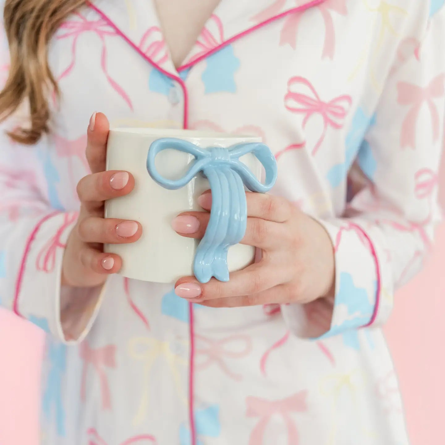 Powder Blue Bow Ceramic Coffee Tea Mug with Ribbon Handle