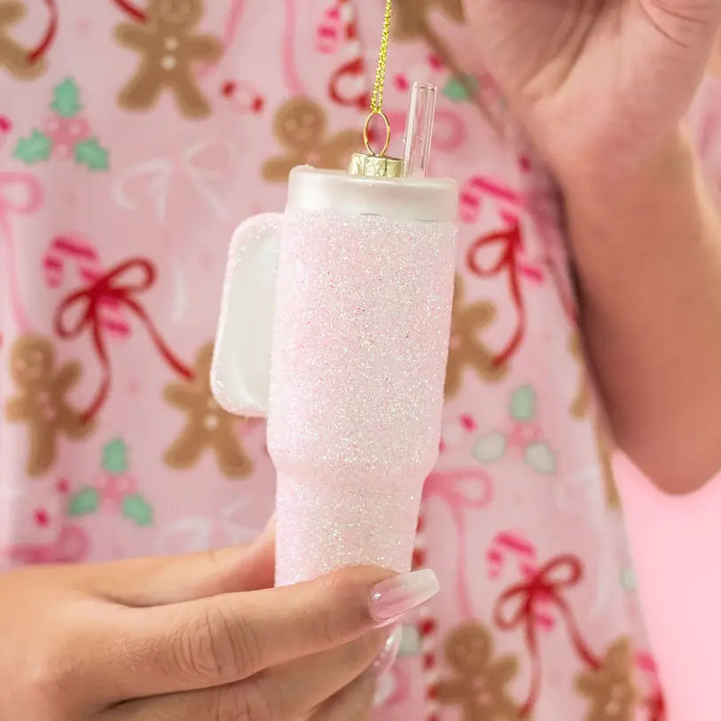 Pink Glittered Trendy Tumbler Christmas Ornament - Pink Cup