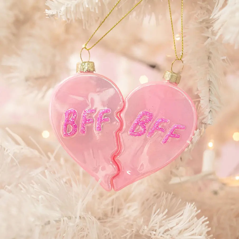 Bff Heart Christmas Glass Ornament with Glitter 2 Piece Set