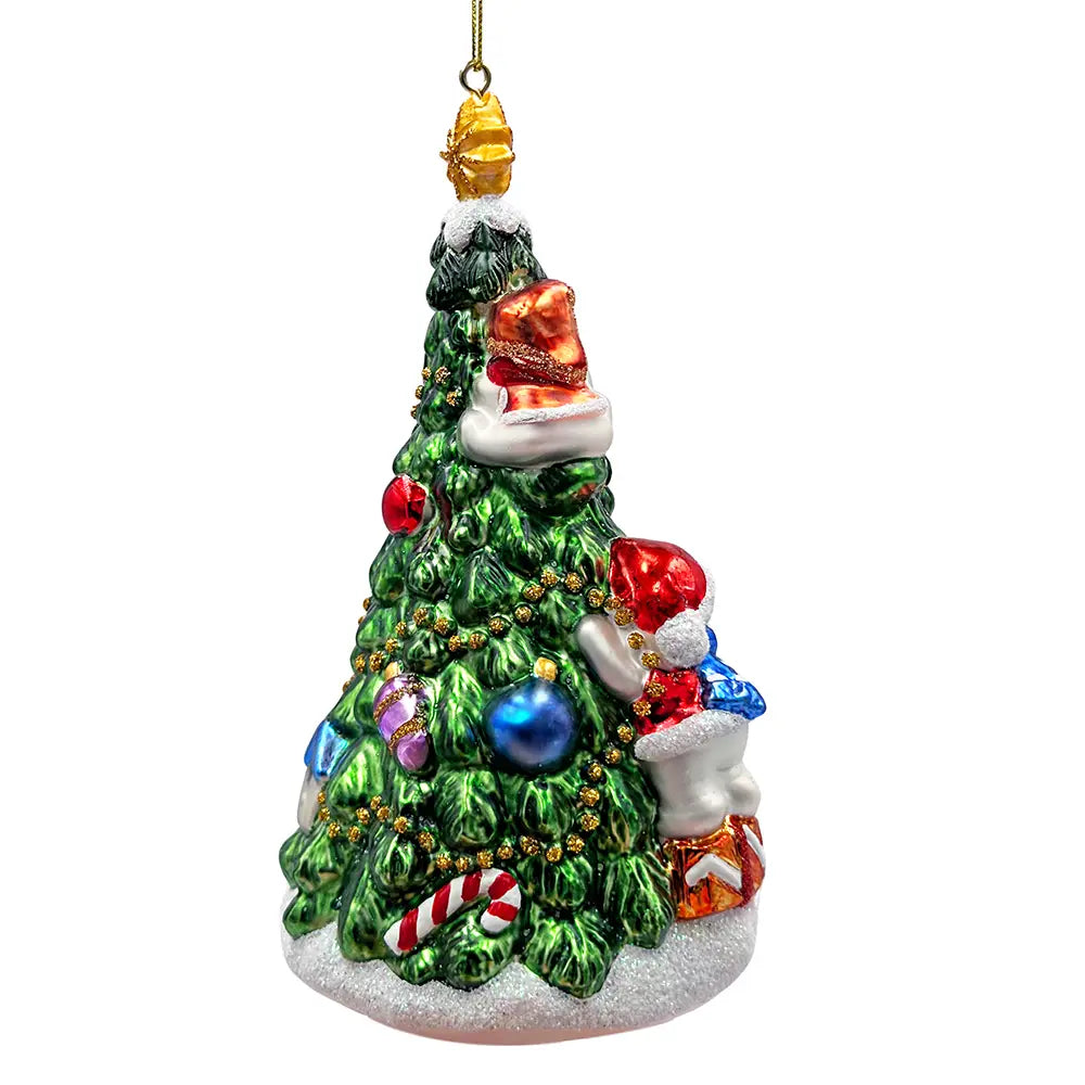 Festive Snowman and Christmas Tree Glass Ornament