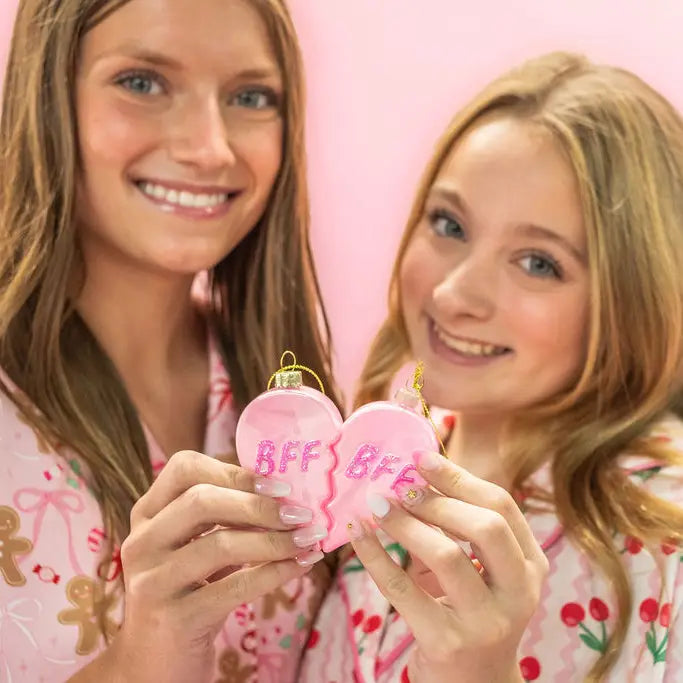 Bff Heart Christmas Glass Ornament with Glitter 2 Piece Set