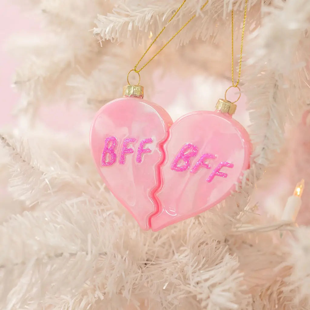 Bff Heart Christmas Glass Ornament with Glitter 2 Piece Set