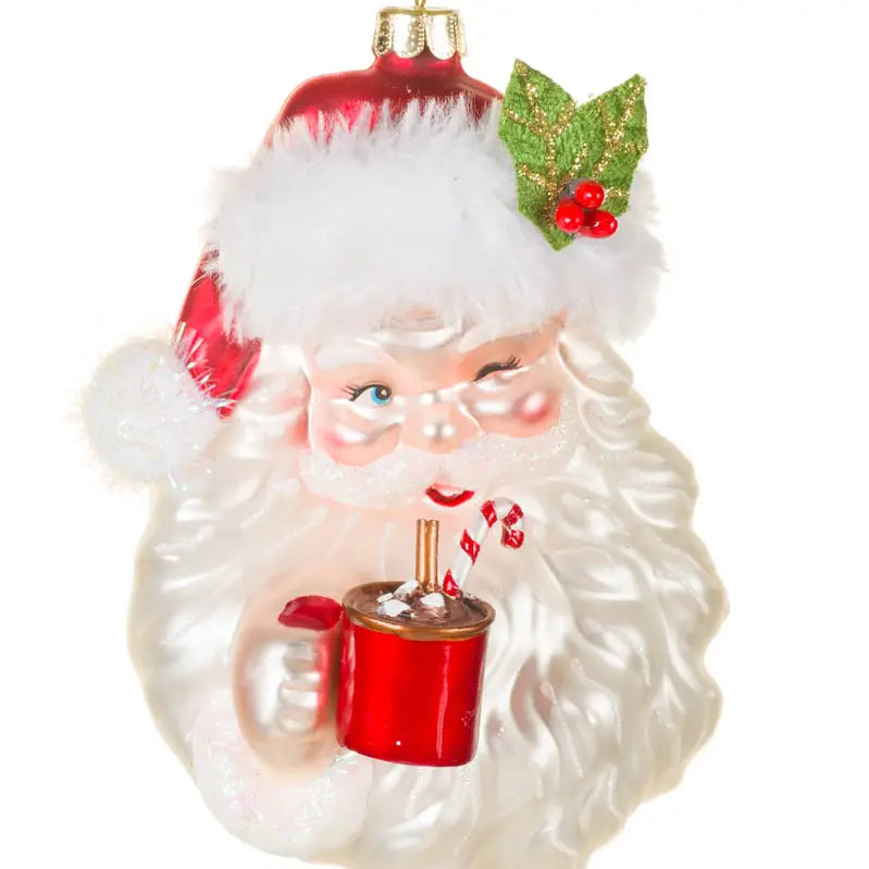 White Winking Santa Head Ornament with Hot Cocoa